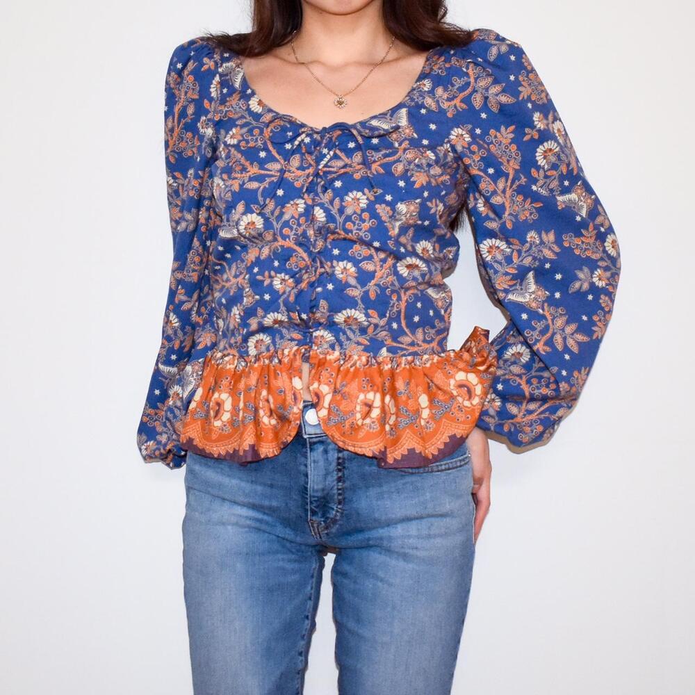 House of Harlow 1960 Puff Sleeve Floral Smocked Top Medium Orange Blue